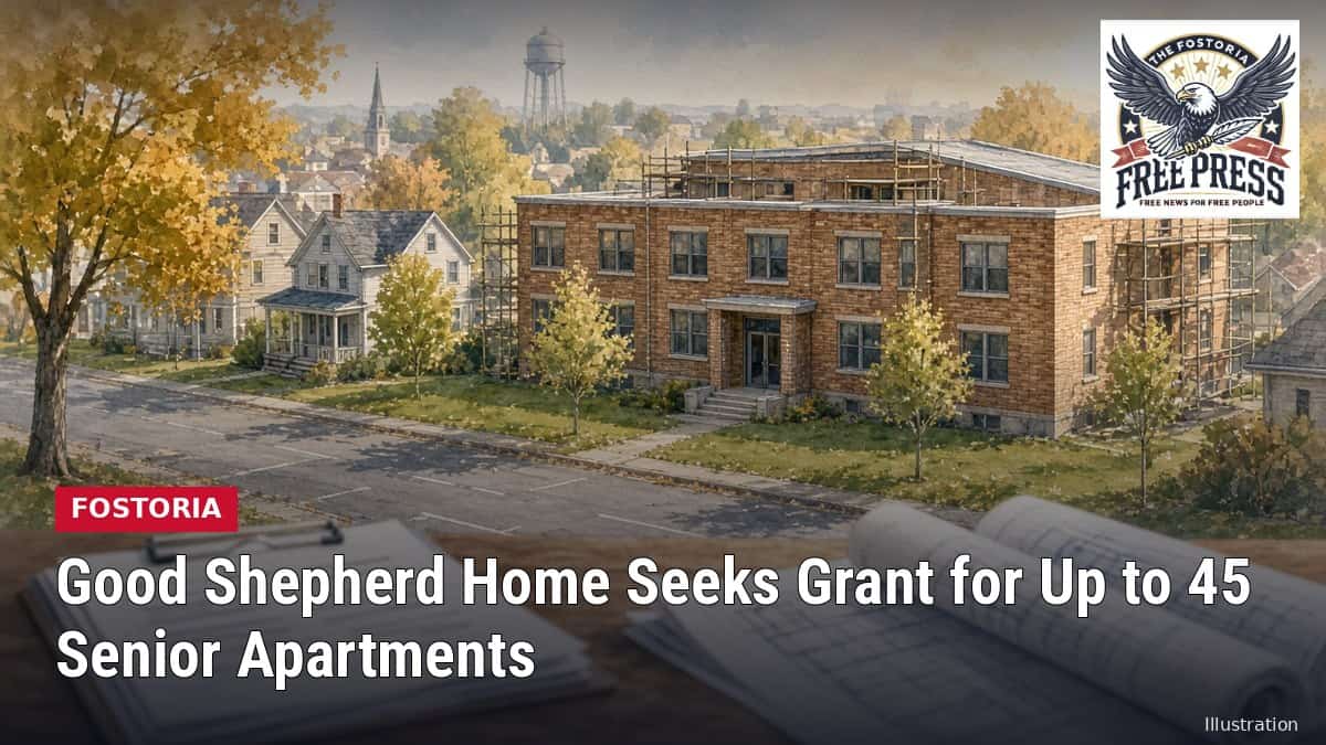 Illustration of a new brick senior apartment building on a small-town street with blueprints, with headline: Good Shepherd Seeks Grant for 45 Senior Apartments